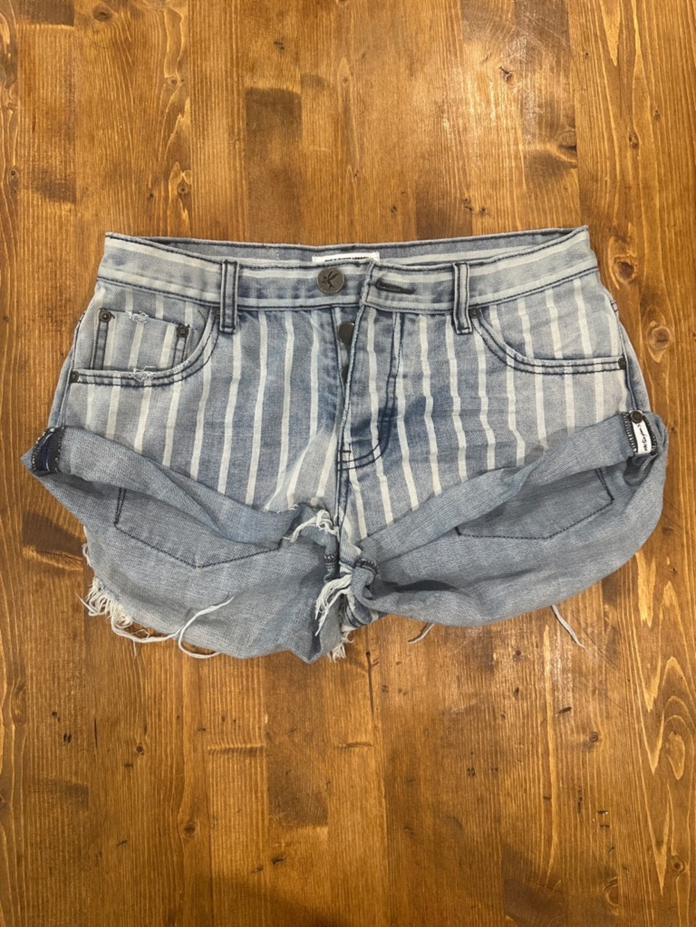 One Teaspoon Light Blue Striped Denim Roll Cuff Shorts